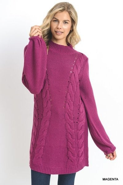 Mock Neck Sweater Bubble Sleeves Magenta - Athens Georgia Women's Fashion Boutique