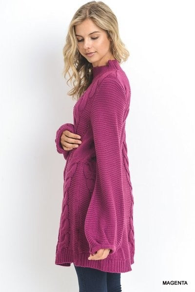 Mock Neck Sweater Bubble Sleeves Magenta - Athens Georgia Women's Fashion Boutique