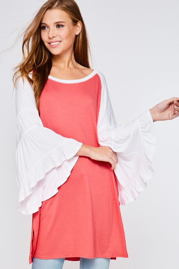 Oversized Ruffled Sleeve Round Neck Top Coral - Athens Georgia Women's Fashion Boutique