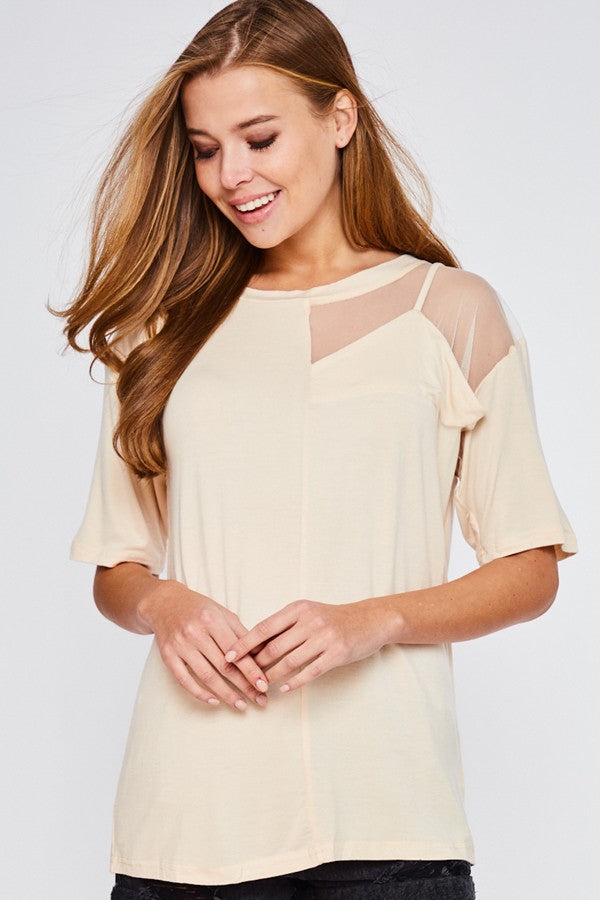 Mesh Contrast Half Sleeve Top Peach - Athens Georgia Women's Fashion Boutique