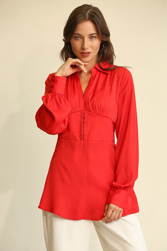 Satin Deel and Plunge Tunic Top Red