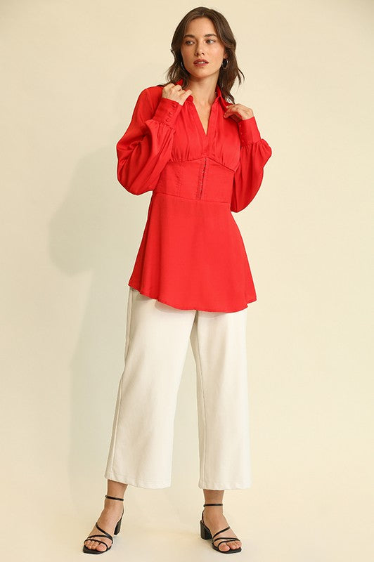 Satin Deel and Plunge Tunic Top Red