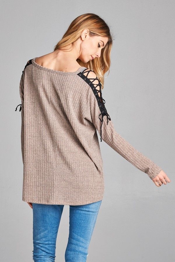 Long Sleeve Rib Knit Lace Up Taupe - Athens Georgia Women's Fashion Boutique