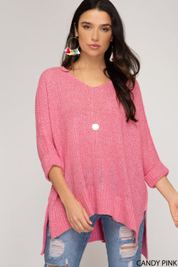 Candy Pink Hi-Lo Sweater Top 3/4 Sleeves Folded Cuffs