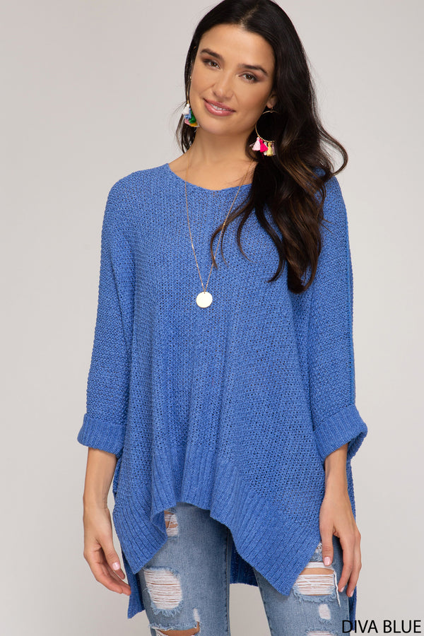 Diva Blue Hi-Lo Sweater Top 3/4 Sleeves Folded Cuffs
