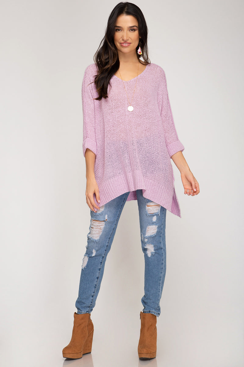 Lilac Pink Hi-Lo Sweater Top 3/4 Sleeves Folded Cuffs