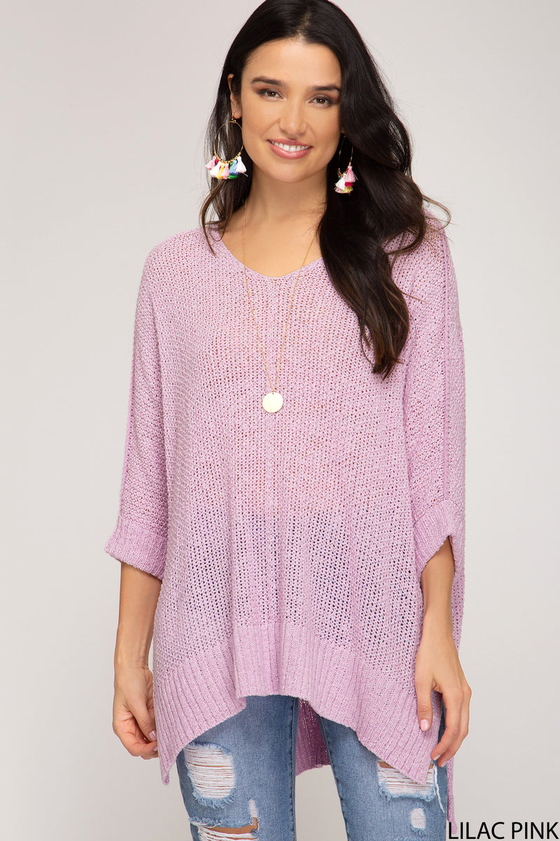 Lilac Pink Hi-Lo Sweater Top 3/4 Sleeves Folded Cuffs