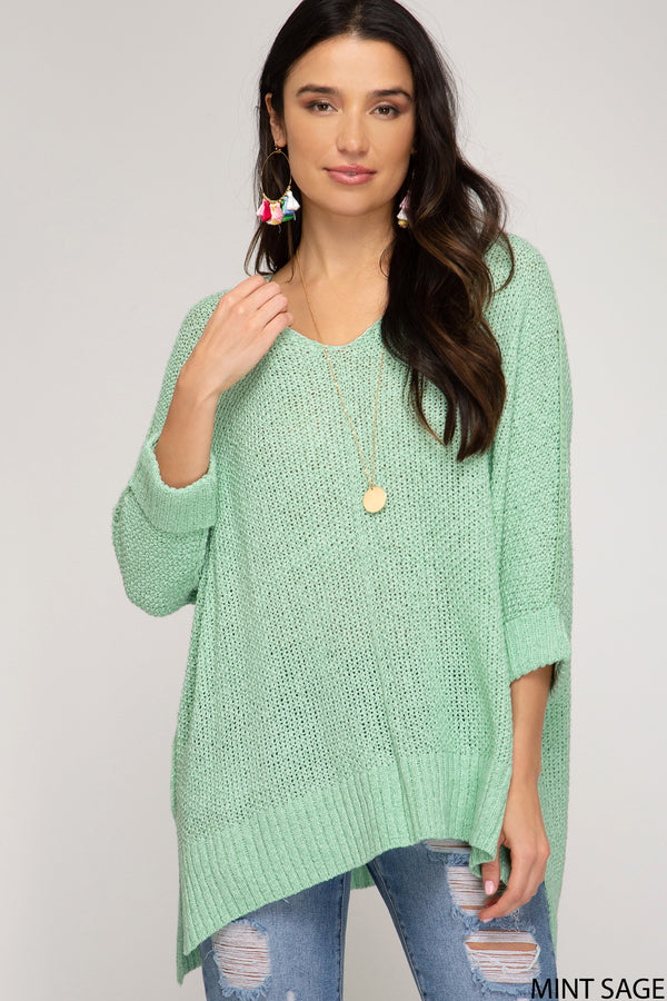 Mint Sage Hi-Lo Sweater Top 3/4 Sleeves Folded Cuffs