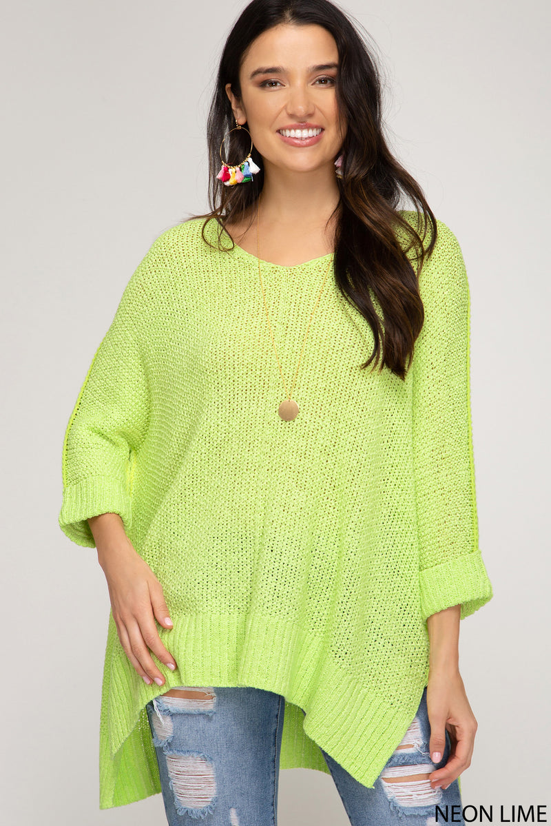 Neon Lime Hi-Lo Sweater Top 3/4 Sleeves Folded Cuffs