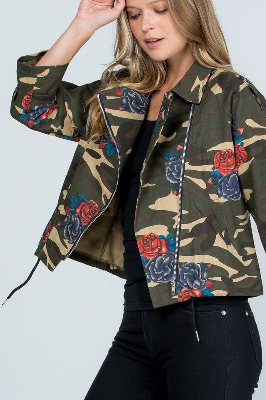 Floral Print Camo Jacket Green