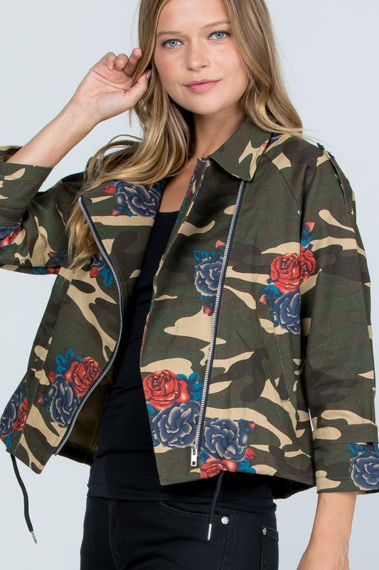 Floral Print Camo Jacket Green