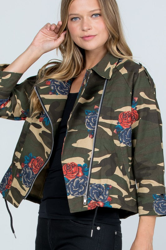 Camo and Wild Floral Cropped Jacket with Patches and Pins XS