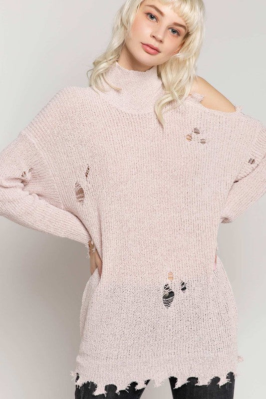 Lightweight Distressed Raw Edge Sweater Rose - Athens Georgia Women's Fashion Boutique