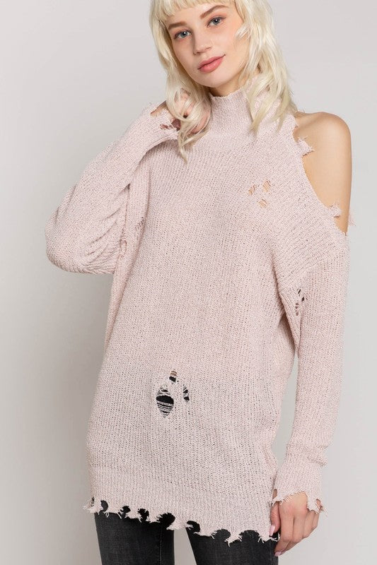 Lightweight Distressed Raw Edge Sweater Rose - Athens Georgia Women's Fashion Boutique