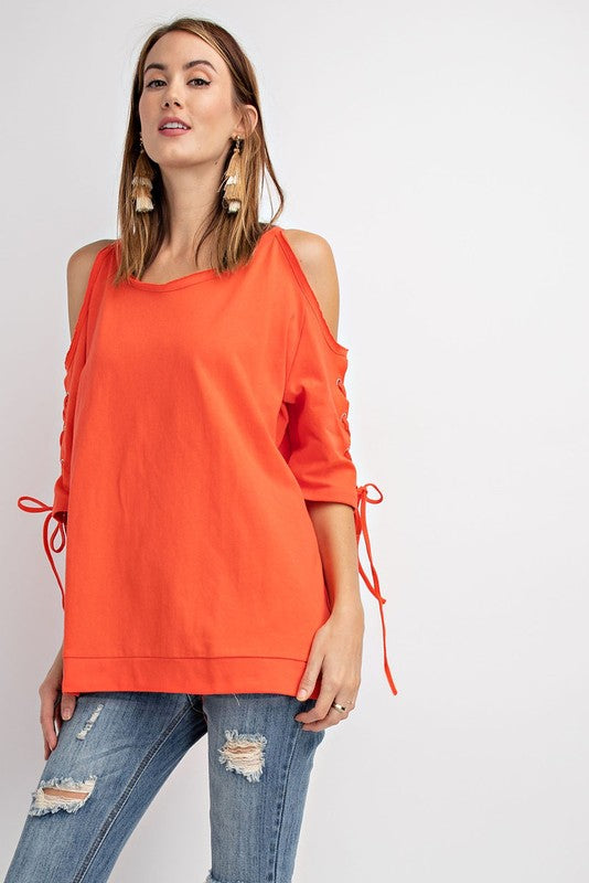 Cold Shoulder Lace Up Sleeve Tunic Top Hot Coral