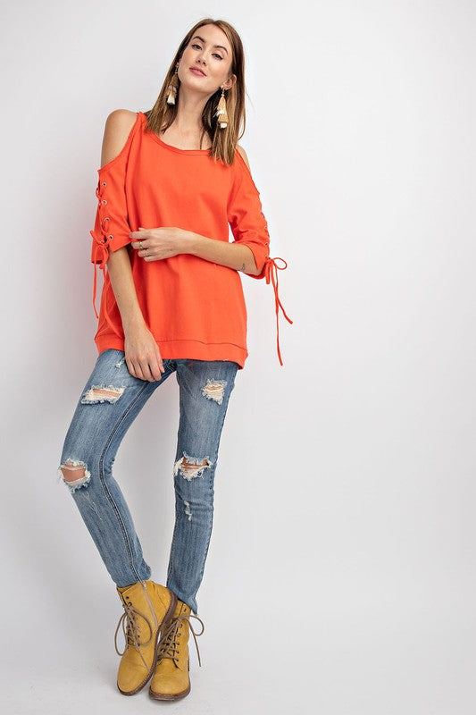 Cold Shoulder Lace Up Sleeve Tunic Top Hot Coral