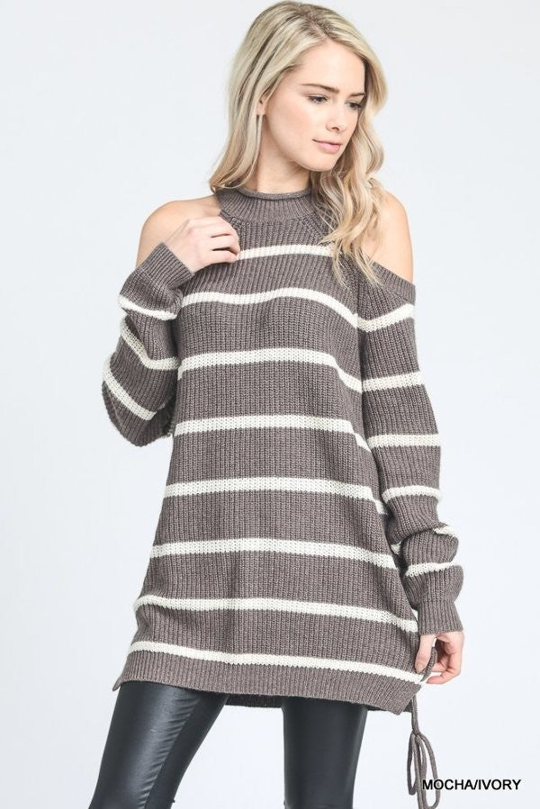 Striped Halter Sweater Top Cold Shoulder Mocha/Ivory - Athens Georgia Women's Fashion Boutique