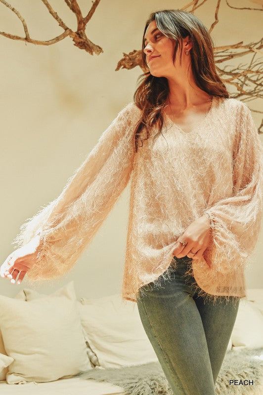 All Over Tinsel Fringe Top Peach