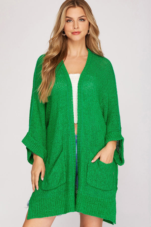 Half Sleeve Open Front Sweater Cardigan Green