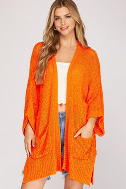 Half Sleeve Open Front Sweater Cardigan Tangerine