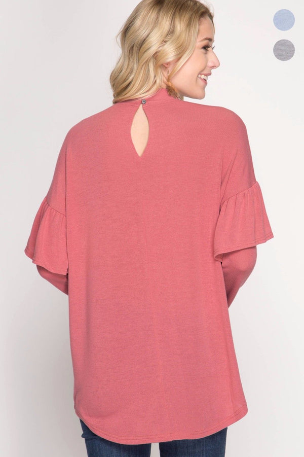 Mock Neck Top with Ruffle Arms Dusty Rose - Athens Georgia Women's Fashion Boutique
