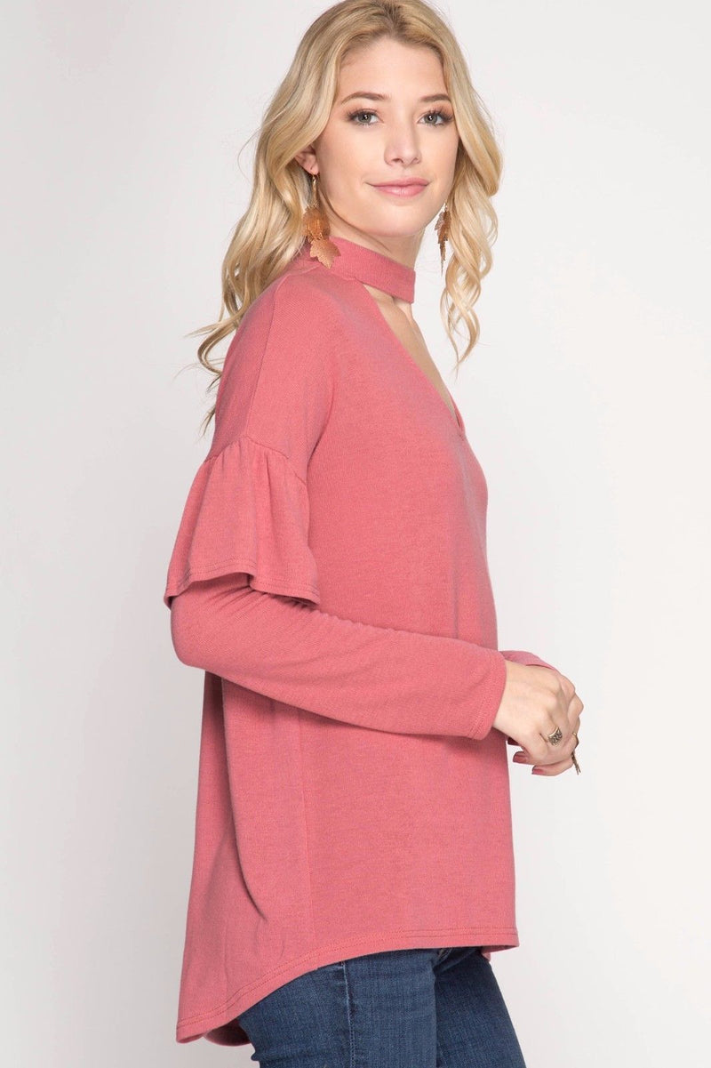 Mock Neck Top with Ruffle Arms Dusty Rose - Athens Georgia Women's Fashion Boutique
