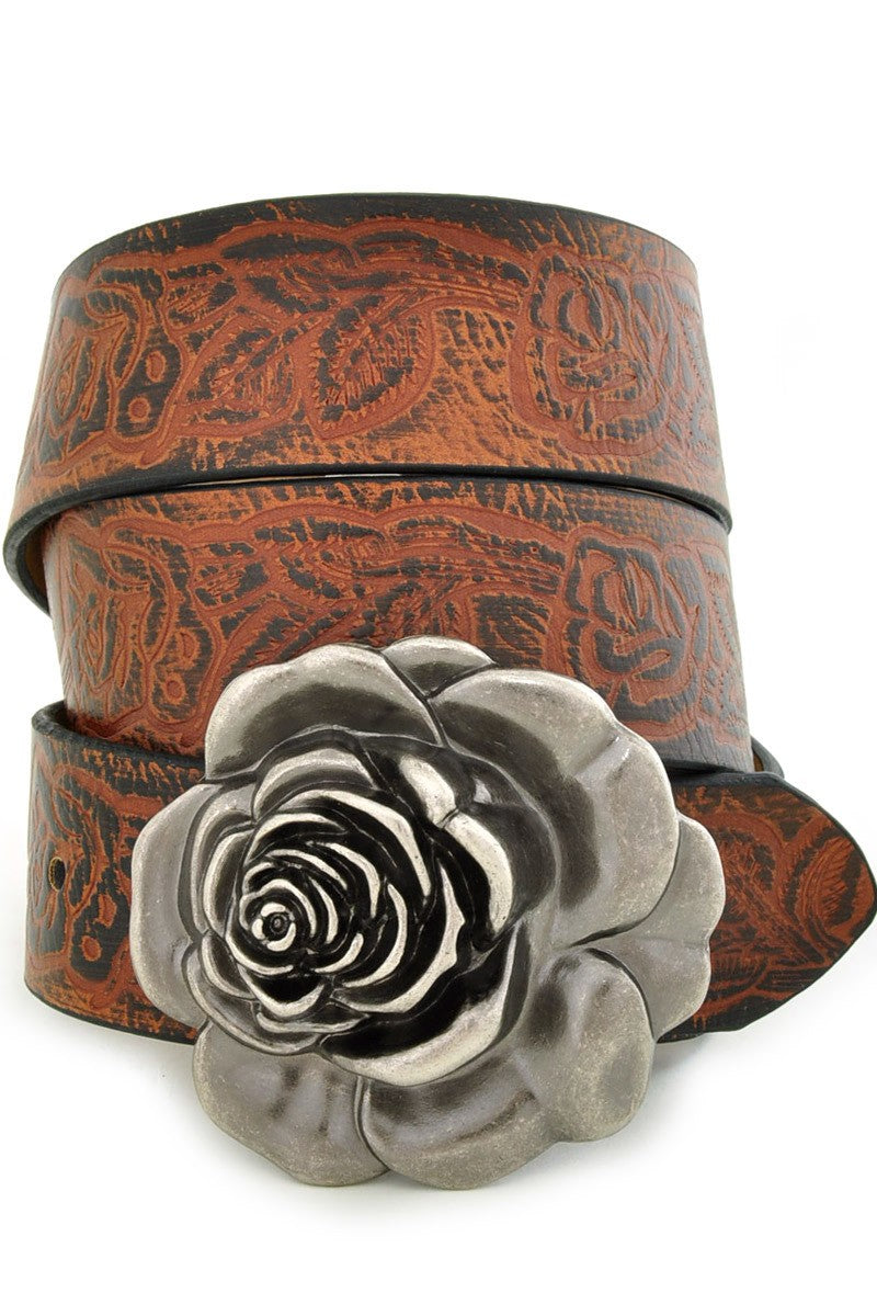Western Leatherette Flower Buckle Belt Dark Brown - Athens Georgia Women's Fashion Boutique