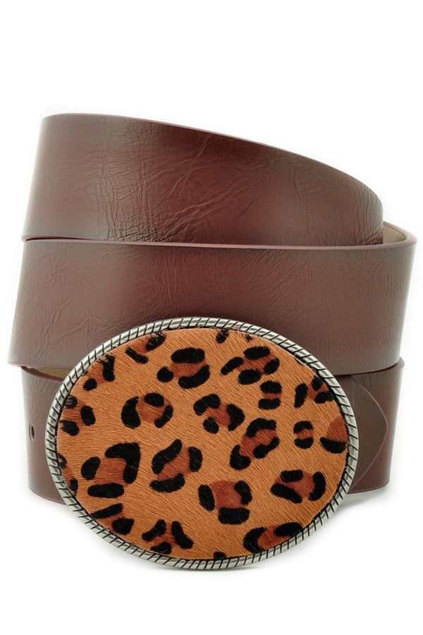 Leopard Print Large Oval Belt Buckle Belt Dark Brown - Athens Georgia Women's Fashion Boutique