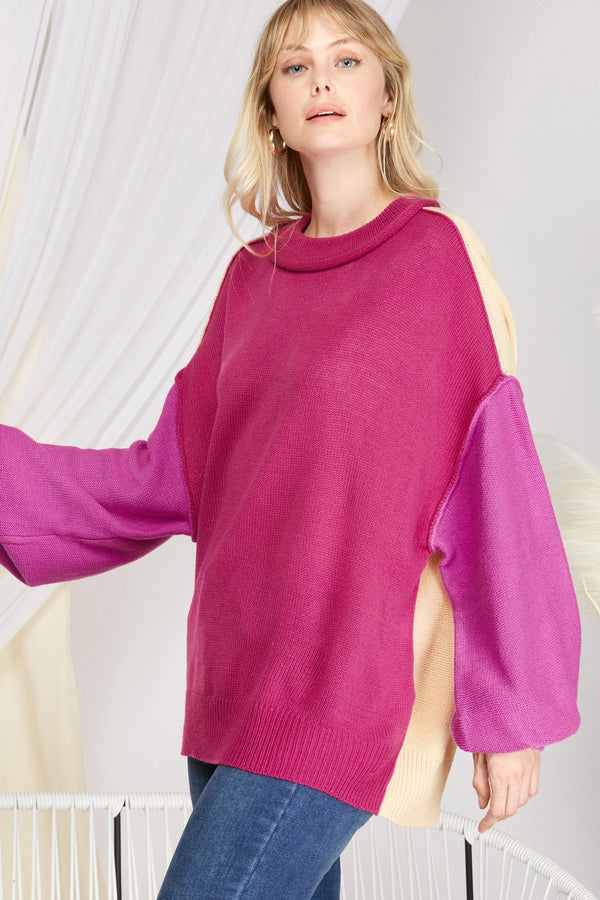 Long Sleeve Colorblock Sweater Magenta Pink