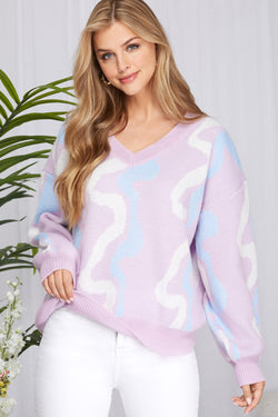 V-Neck Pattern Pullover Top Lilac/Blue
