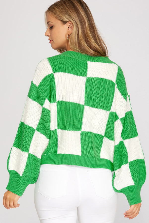 Checkerboard Pattern Sweater Cardigan Green