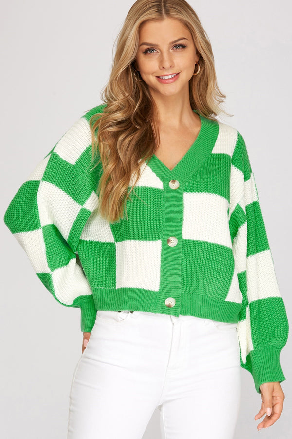 Checkerboard Pattern Sweater Cardigan Green