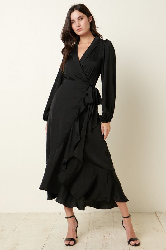 Satin Maxi Wrap Dress Black