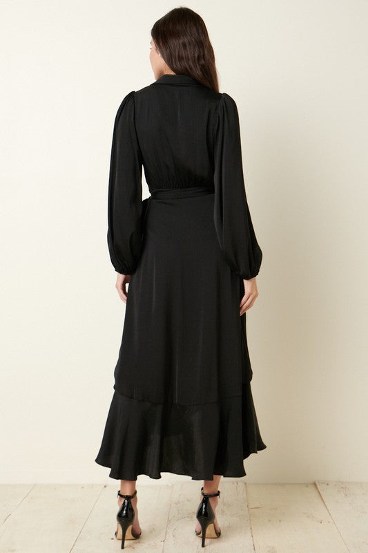 Satin Maxi Wrap Dress Black