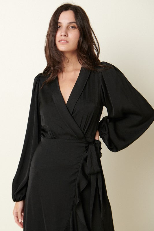 Satin Maxi Wrap Dress Black