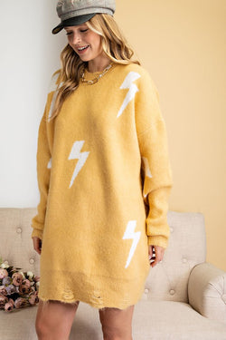 Lighting Patterned Sweater Dress Mustard