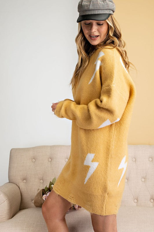 Lighting Patterned Sweater Dress Mustard