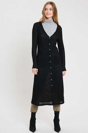 Waffle Knit Long Sleeve Cardigan Black - Athens Georgia Women's Fashion Boutique