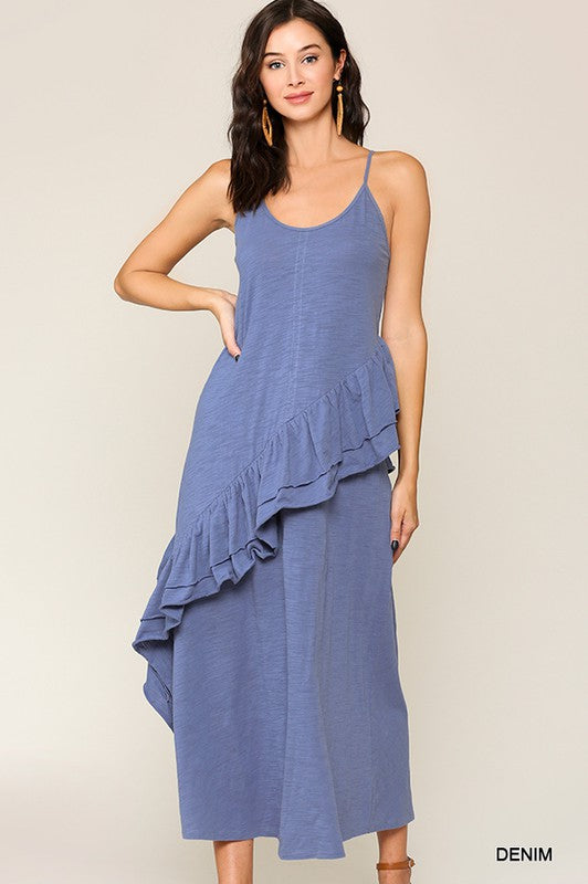 Sleeveless Ruffle Detail Maxi Dress Denim