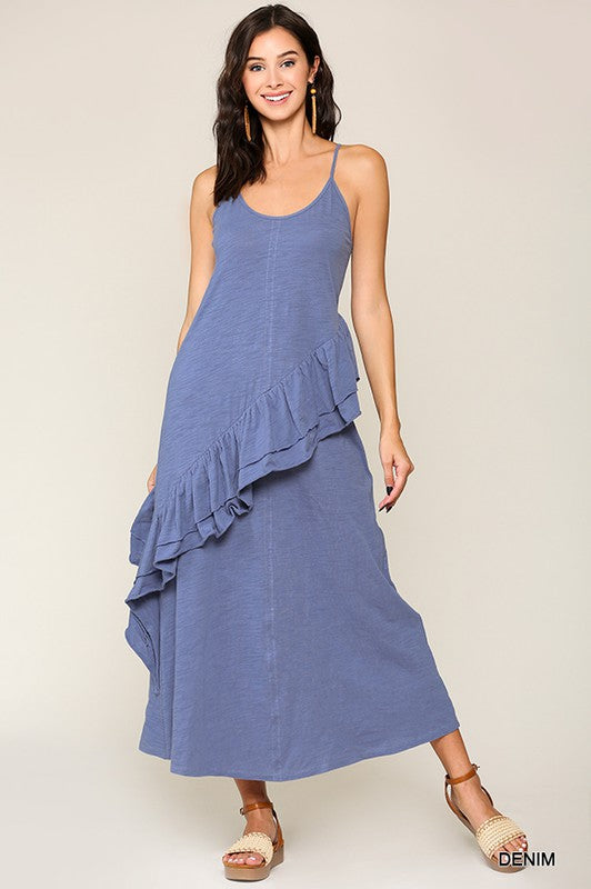 Sleeveless Ruffle Detail Maxi Dress Denim Sleeveless Ruffle Detail Maxi Dress Denim