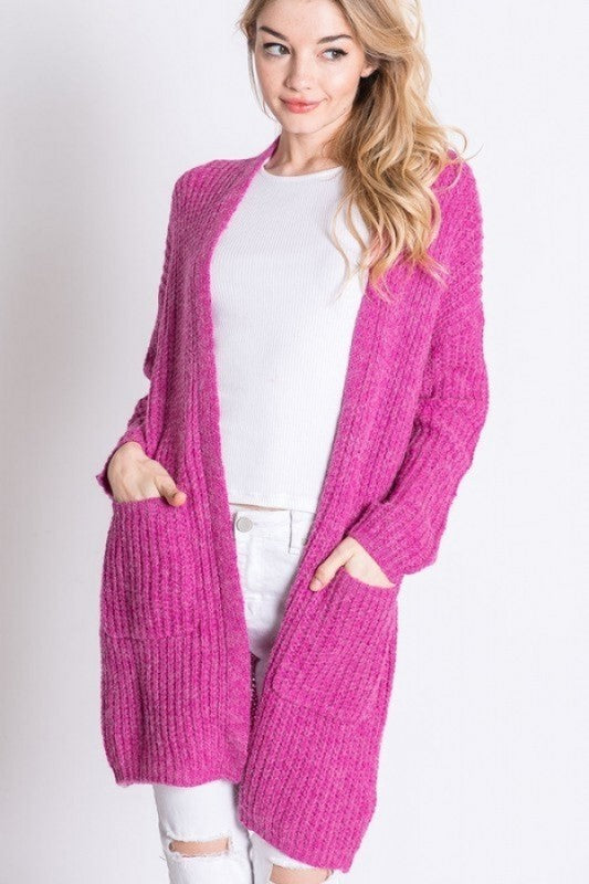 Pattern Knit Dolman Slouch Cardigan Fuschia