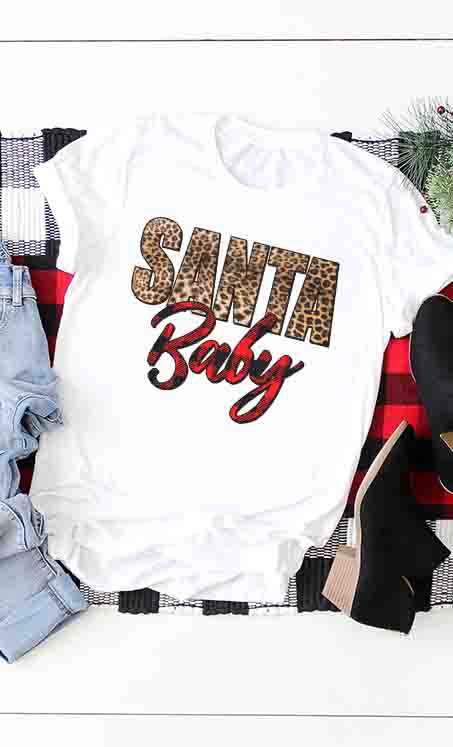 Leopard & plaid print Santa Baby Tee White