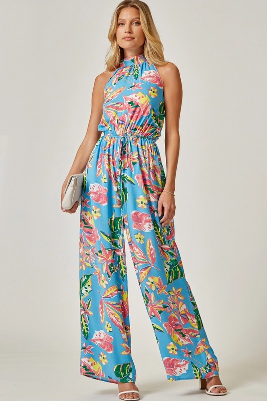 High Neck Printed Jumpsuit Denim Multi