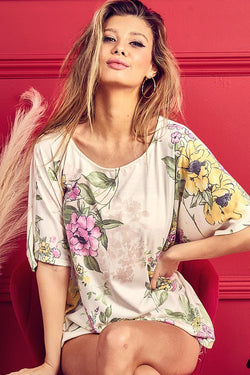 Floral Print French Terry Top Ivory