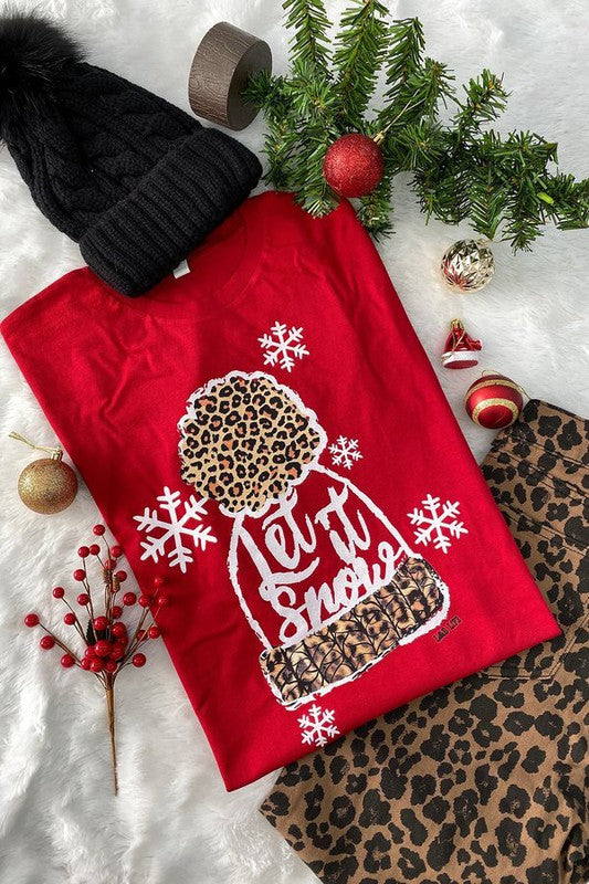 Let it Snow Leopard Graphic Tee Red