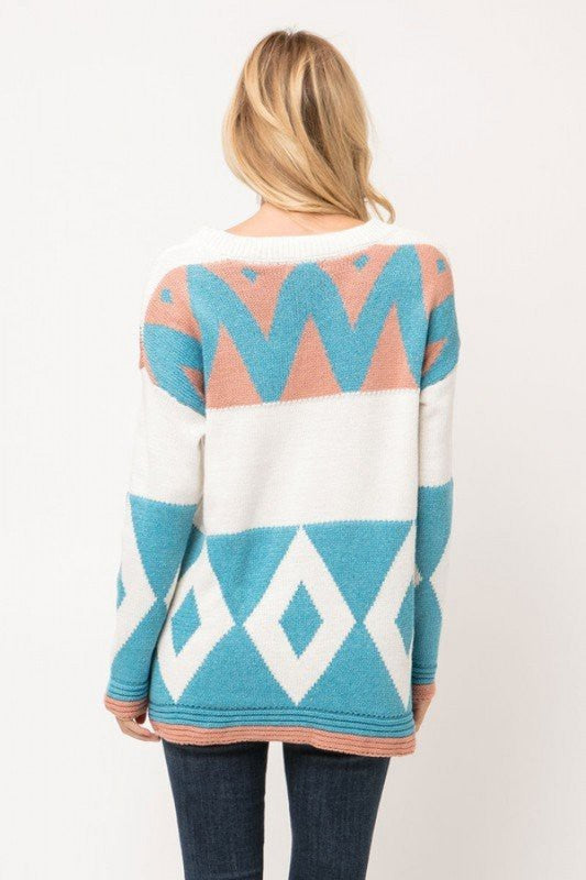Geometric Knit Color Block Sweater Off White
