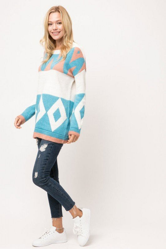 Geometric Knit Color Block Sweater Off White