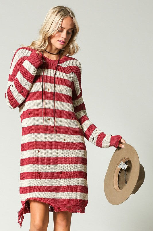 Striped Distressed Sweater Dress Marsala - Athens Georgia Women's Fashion Boutique