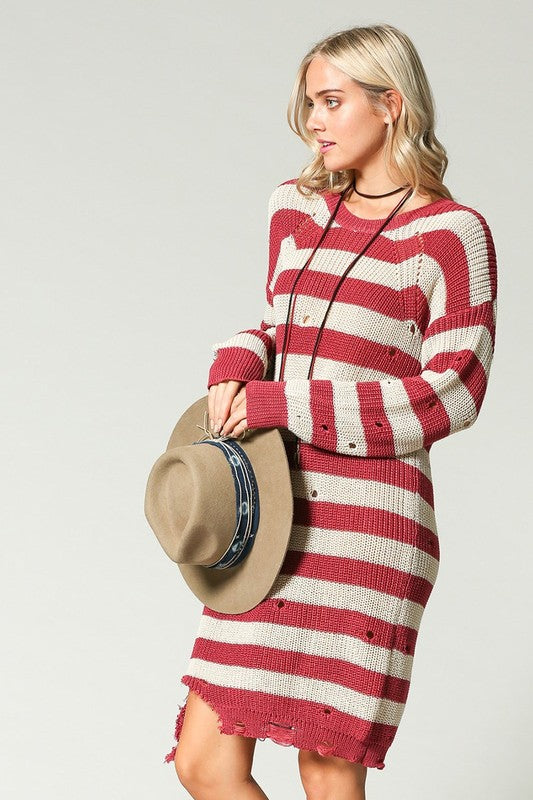 Striped Distressed Sweater Dress Marsala Striped Distressed Sweater Dress Marsala