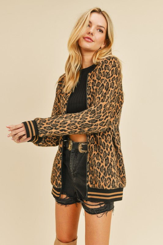 Fuzzy Leopard Bomber Jacket Brown
